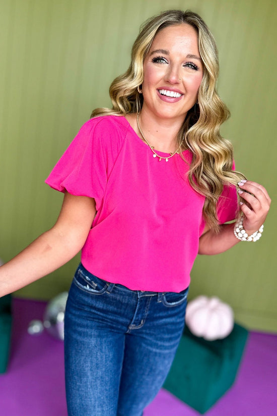  Fuchsia Puffed Short Sleeve Top, must have top, must have style, must have fall, fall collection, fall fashion, elevated style, elevated top, mom style, fall style, shop style your senses by mallory fitzsimmons