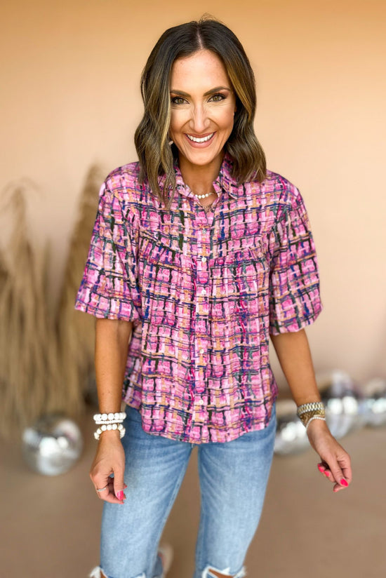 Load image into Gallery viewer, Pink Multi Plaid Printed Button Front Collared Top, printed top, transition piece, fall style, fall shirt, mom style, elevated style, shop style your senses by mallory fitzsimmons
