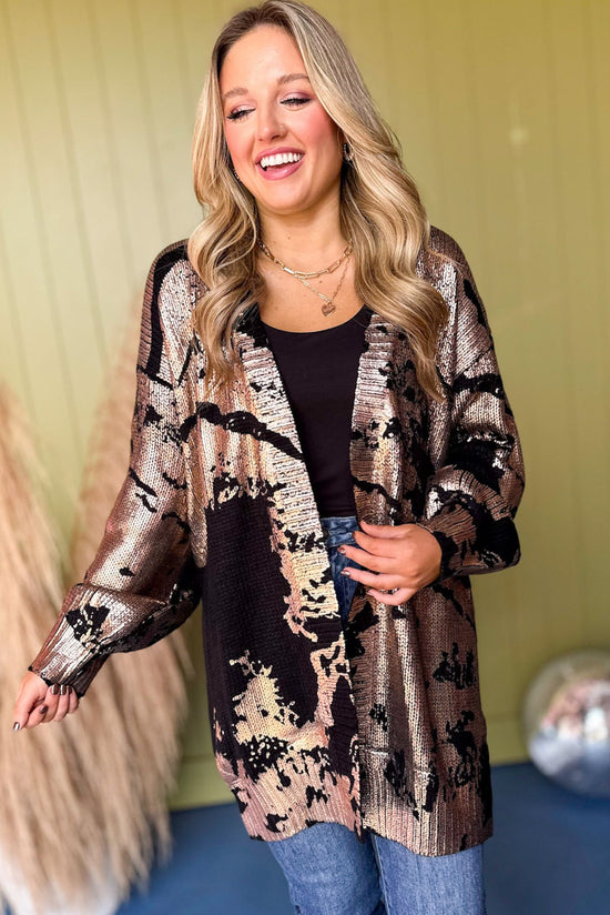 Black Cracked Metallic Printed Long Cardigan, must have cardigan, must have style, fall style, fall fashion, elevated style, elevated cardigan, mom style, fall collection, fall dress, shop style your senses by mallory fitzsimmons