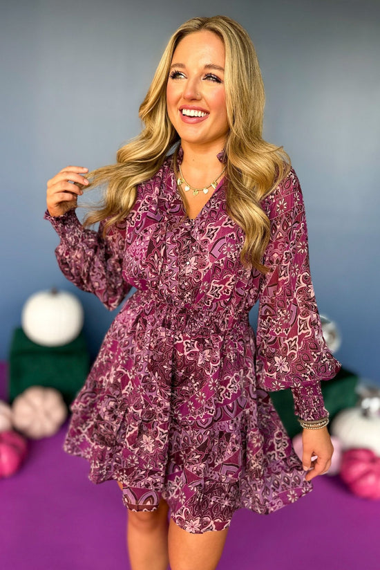 Load image into Gallery viewer,  Plum Abstract Printed Lurex Tie Neck Long Ruffle Sleeve Dress, elevated style, elevated dress, must have dress, must have style, must have print, fall style, fall fashion, fall dress, fall family photos, mom style, shop style your senses by mallory fitzsimmons
