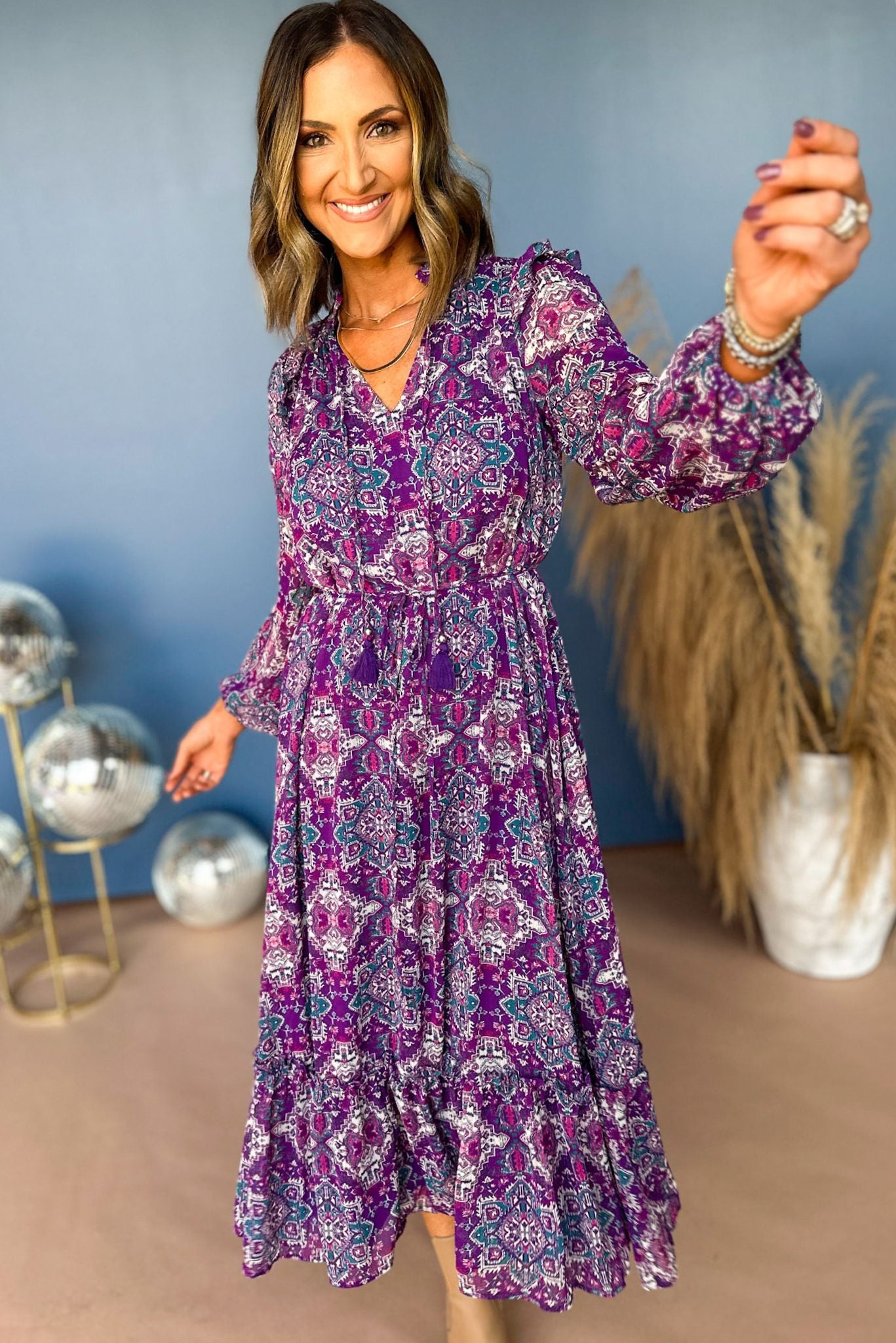 Purple Abstract Printed Tie Waist Flutter Long Sleeve Midi Dress, must have dress, must have print, elevated style, mom style, fall style, fall dress, fall must have, shop style your senses by mallory fitzsimmons