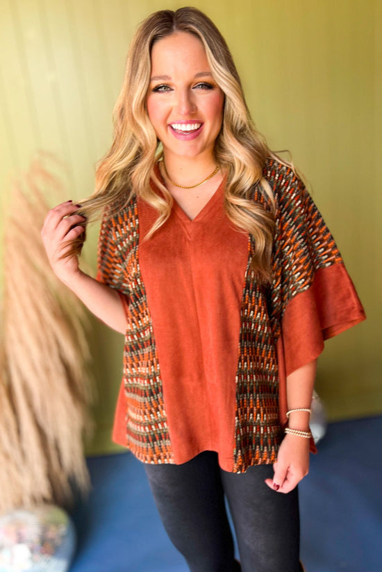 Rust V Neck Faux Suede Knitted Poncho Top, must have top, must have style, must have fall, fall collection, fall fashion, elevated style, elevated top, mom style, fall style, shop style your senses by mallory fitzsimmons