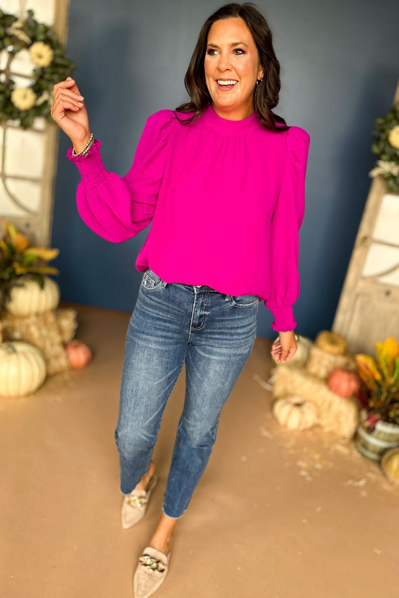 Load image into Gallery viewer, Magenta Mock Neck Gathered Long Sleeve Top, must have top, must have style, must have fall, fall collection, fall fashion, elevated style, elevated top, mom style, fall style, shop style your senses by mallory fitzsimmons
