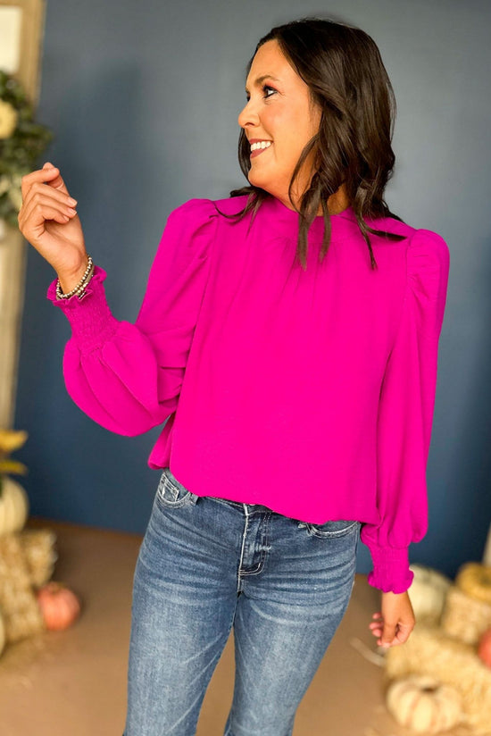 Load image into Gallery viewer, Magenta Mock Neck Gathered Long Sleeve Top, must have top, must have style, must have fall, fall collection, fall fashion, elevated style, elevated top, mom style, fall style, shop style your senses by mallory fitzsimmons
