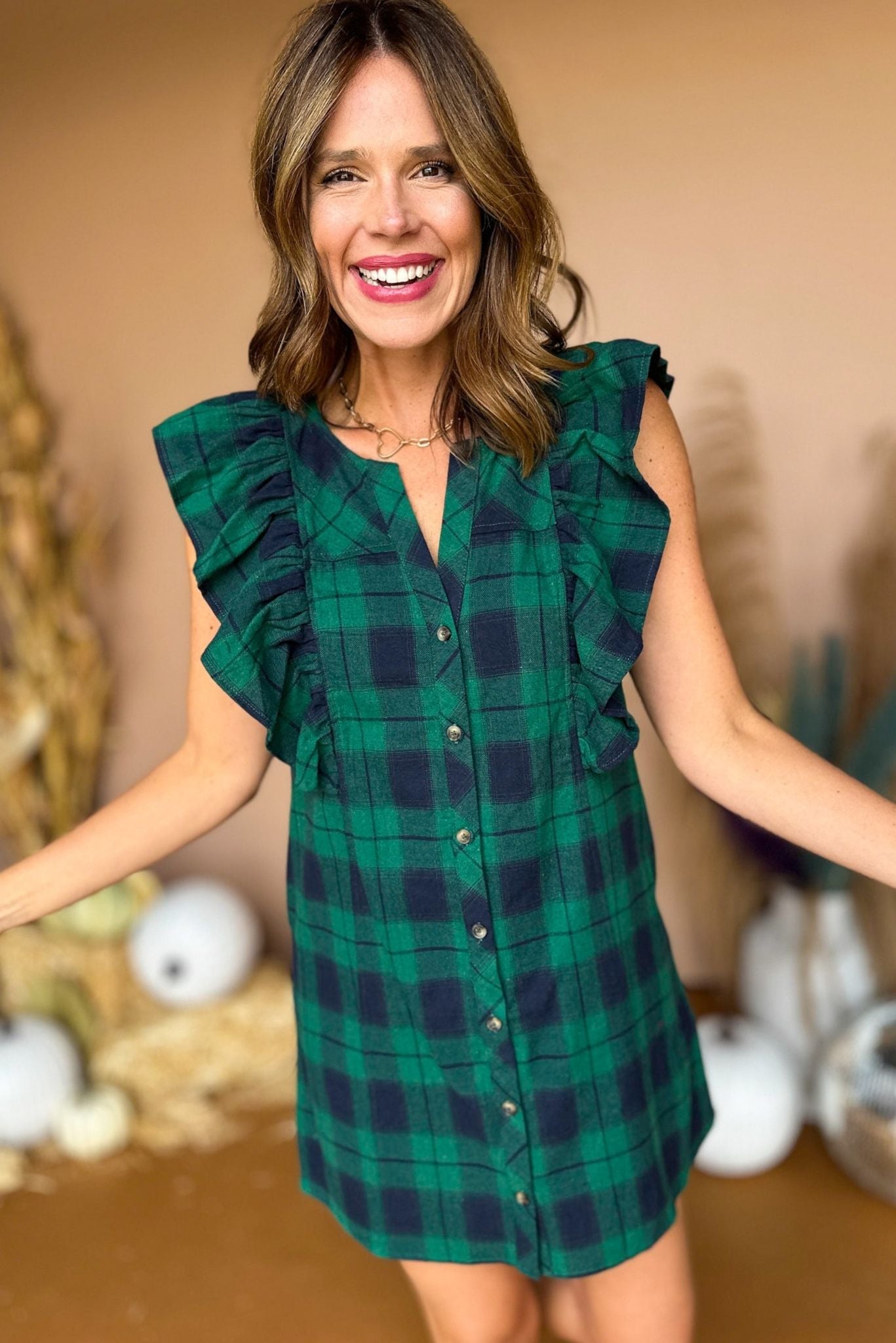 Green Plaid Button Front Ruffle Detail Dress, must have dress, must have style, fall style, fall fashion, elevated style, elevated dress, mom style, fall collection, fall dress, shop style your senses by mallory fitzsimmons