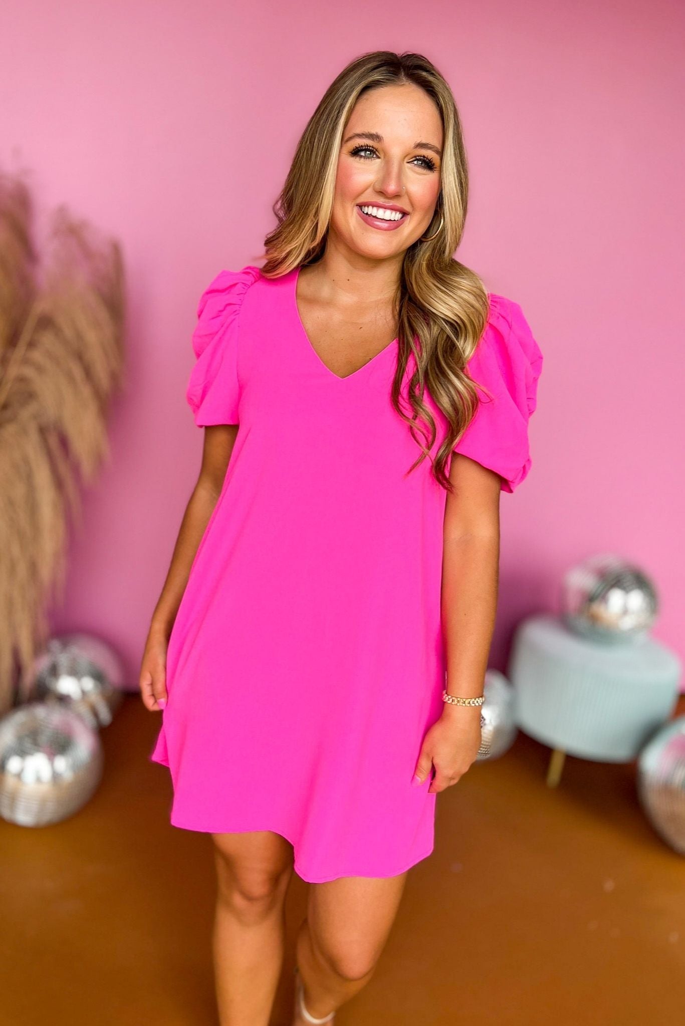 Load image into Gallery viewer, Hot Pink V Neck Gathered Short Sleeve Dress, pink dress, ruched sleeve dress, summer to fall dress, elevated style, mom style, work to weekend style, shop style your senses by mallory fitzsimmons
