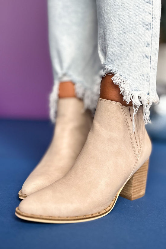 Load image into Gallery viewer, Taupe Pull On Block Heel Booties, shoes, must have booties, elevated booties, shop style your senses by mallory fitzsimmons
