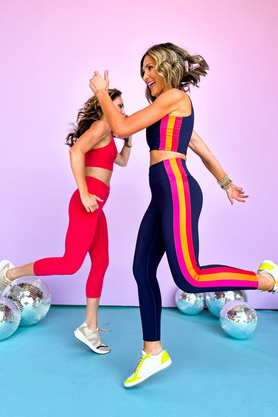 Load image into Gallery viewer, ssys hot pink and tangerine inset stripe navy sports bra, ssys the label, matching set, updated athleisure, mom style, summer colors, shop style your senses by mallory fitzsimmons
