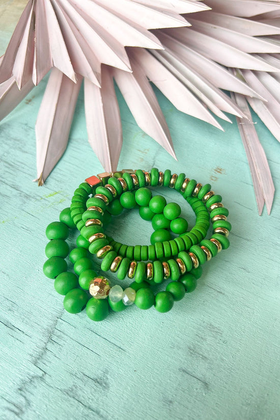 Load image into Gallery viewer, Kelly Green Gold Accent Beaded Bracelet Stack, accessories, bracelets, shop style your senses by mallory fitzsimmons
