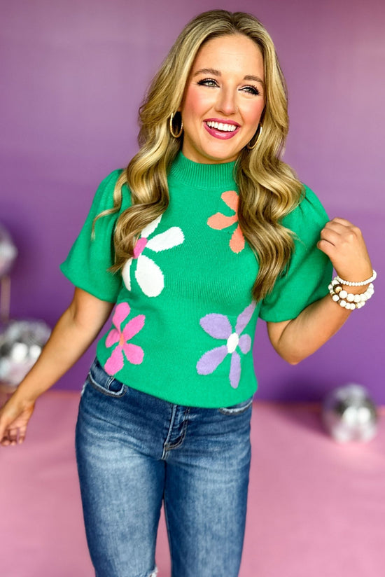 Load image into Gallery viewer, THML Green Floral Printed Short Sleeve Knit Top, elevated top, must have top, must have print, must have design, fun mom top, fun mom style, elevated top, fall style, fall sweater, must have sweater, shop style your senses by mallory fitzsimmons
