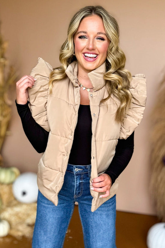 Camel Quilted Ruffled Shoulder Vest, must have vest, must have style, must have fall, fall collection, fall fashion, elevated style, elevated vest, mom style, fall style, shop style your senses by mallory fitzsimmons