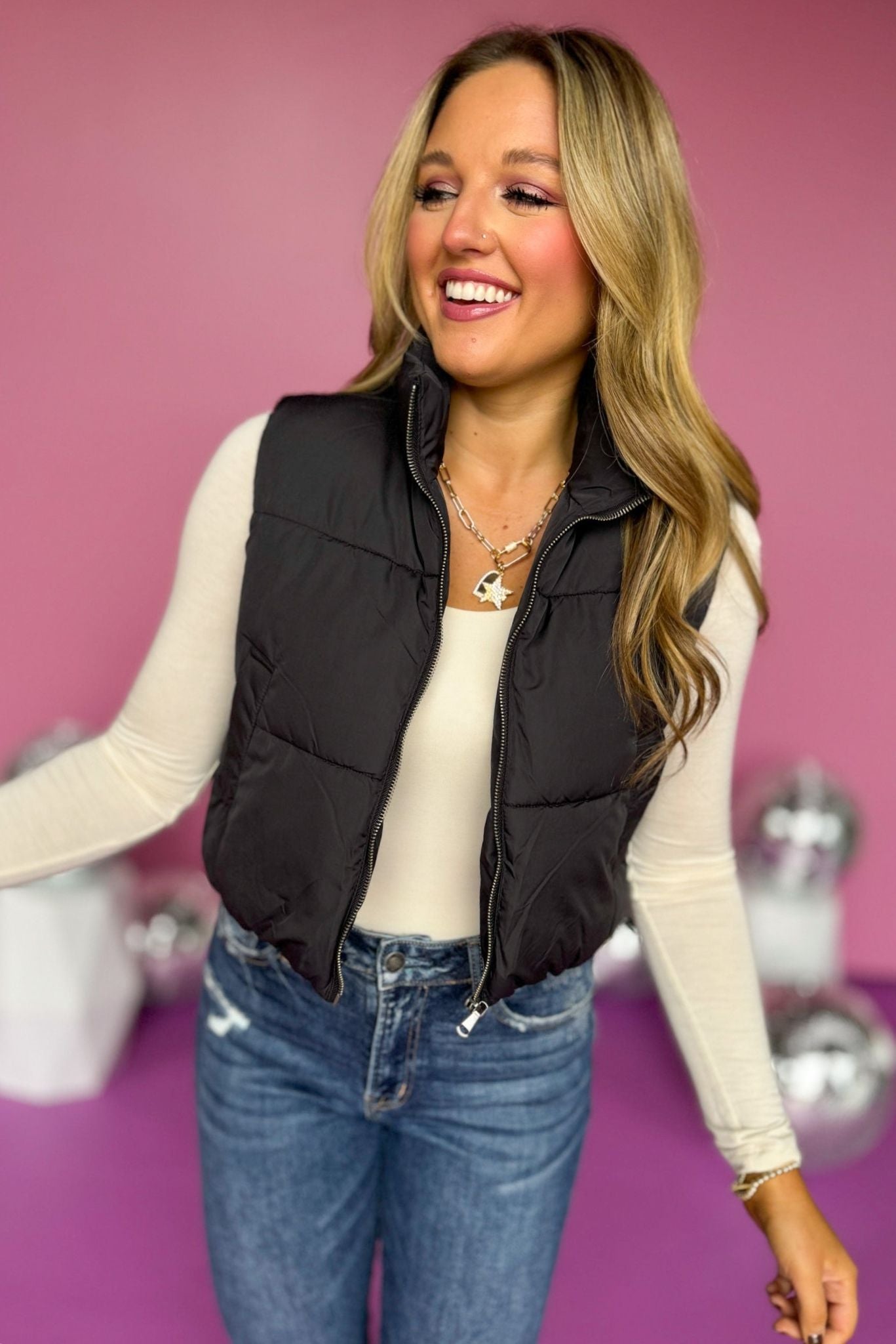 Load image into Gallery viewer, Black Puffer Vest, must have vest, must have style, elevated style, elevated vest, fall style, fall fashion, fall vest, puffer vest, mom style, shop style your senses by mallory fitzsimmons
