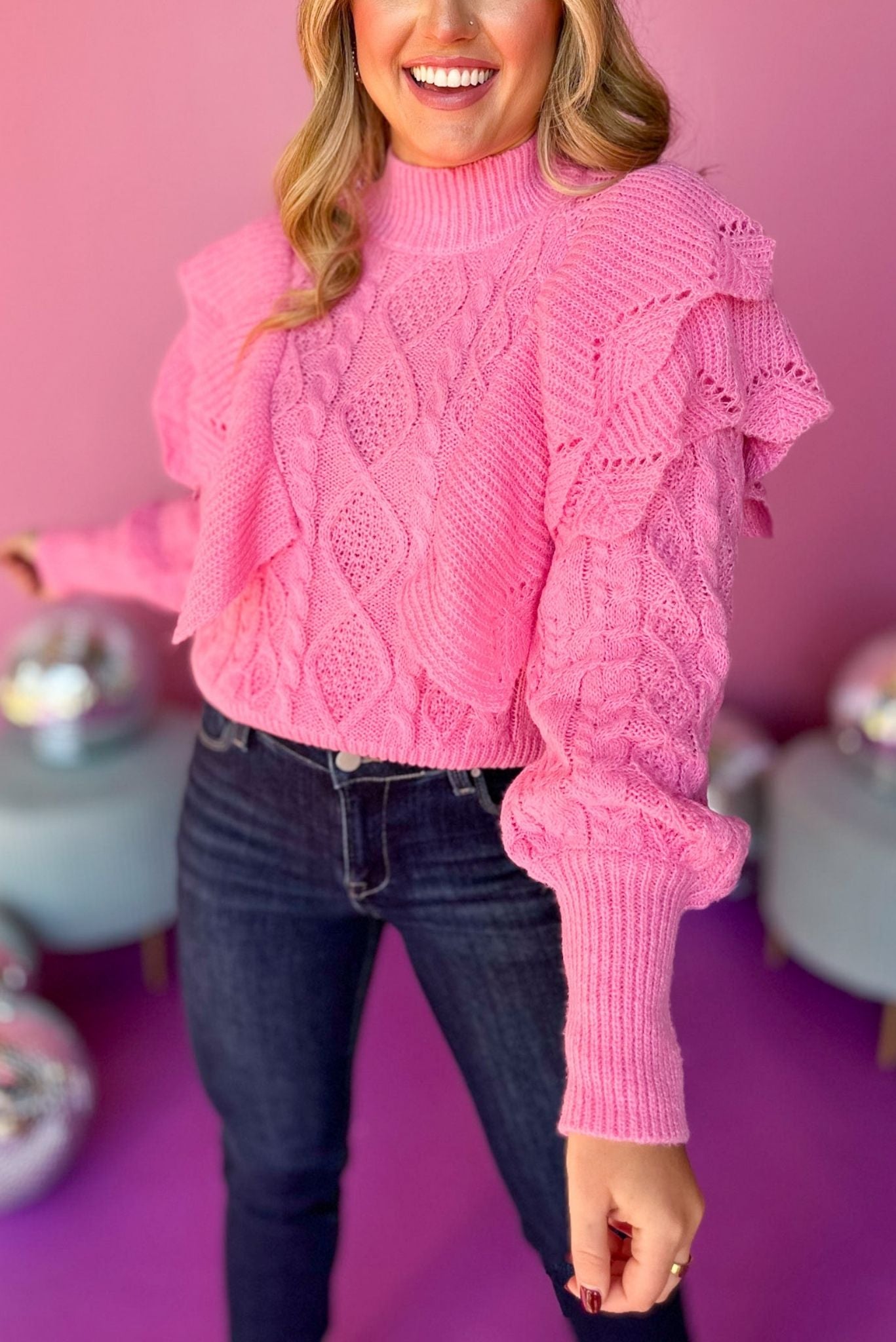 Pink Mock Neck Cable Knit Ruffle Sweater, must have sweater, must have style, must have fall, fall collection, fall fashion, elevated style, elevated sweater, mom style, fall style, shop style your senses by mallory fitzsimmons