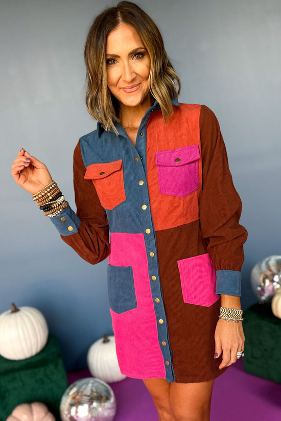 Rust Patchwork Printed Colorblock Corduroy Shirt Dress, elevated style, elevated dress, must have style, must have dress, fall style, fall fashion, fall dress, mom dress, mom style, family pictures dress, shop style your senses by mallory fitzsimmons