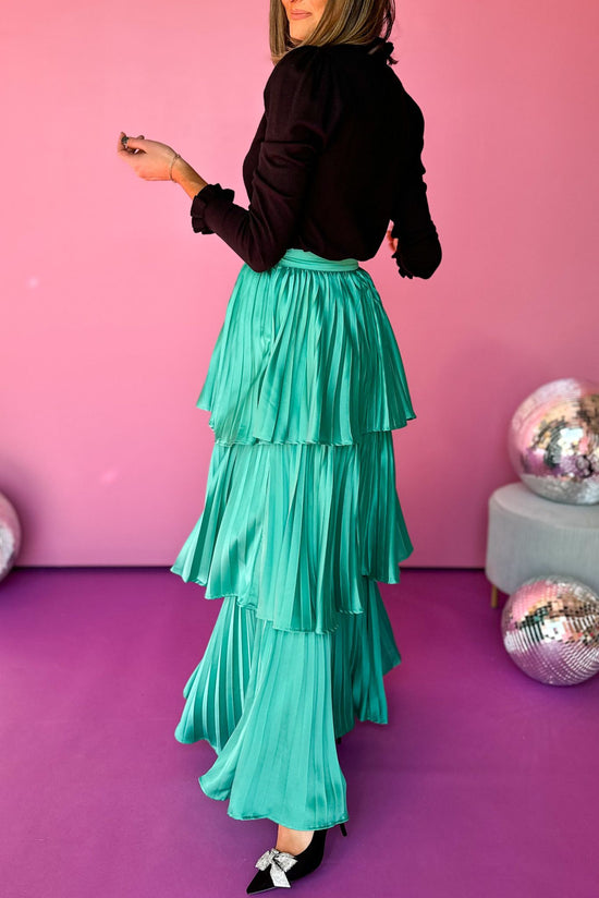 Teal Green Tiered Pleated Maxi Skirt, must have skirt, must have style, elevated style, must have skirt, fall style, fall skirt, fun style, mom style, shop style your senses by mallory fitzsimmons