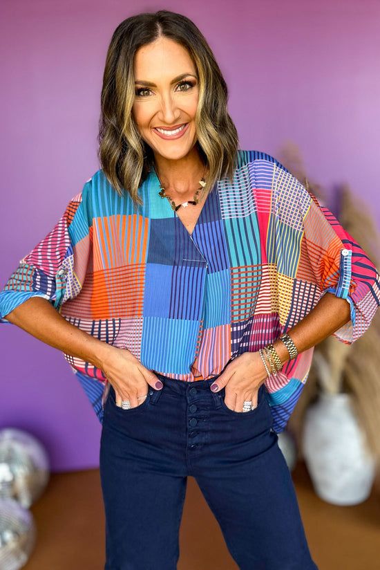 Load image into Gallery viewer, Orange Mixed Printed 3/4 Sleeve V Neck Top, elevated top, summer to fall top, summer to fall style, transitional fashion, mom style, fall style, must have top, must have fall, shop style your senses by mallory fitzsimmons
