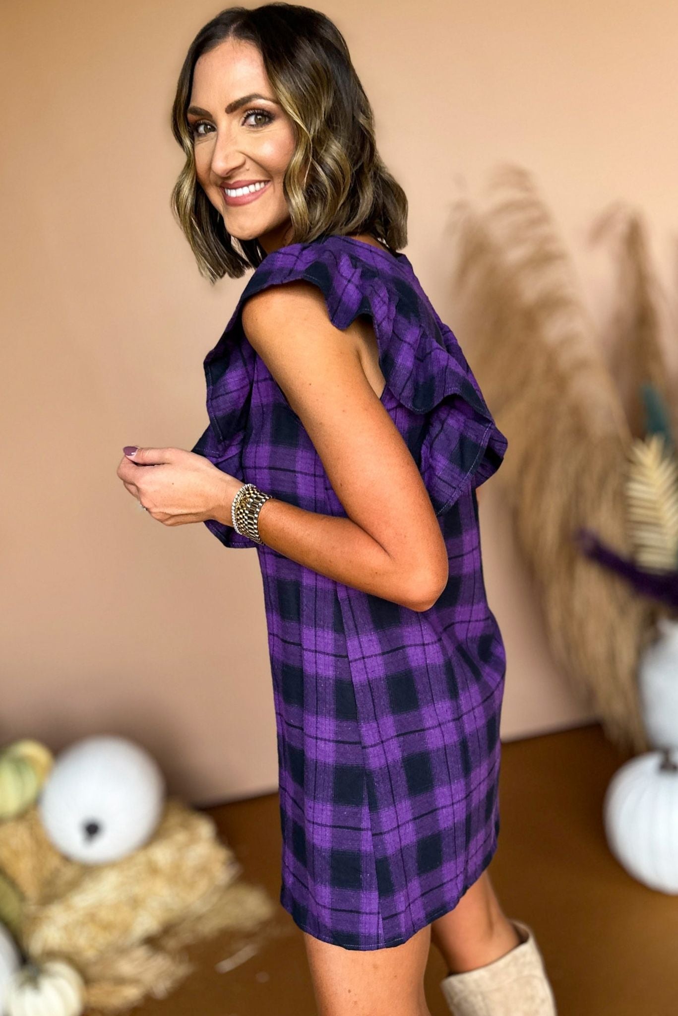 Purple Plaid Button Front Ruffle Detail Dress, must have dress, must have style, fall style, fall fashion, elevated style, elevated dress, mom style, fall collection, fall dress, shop style your senses by mallory fitzsimmons