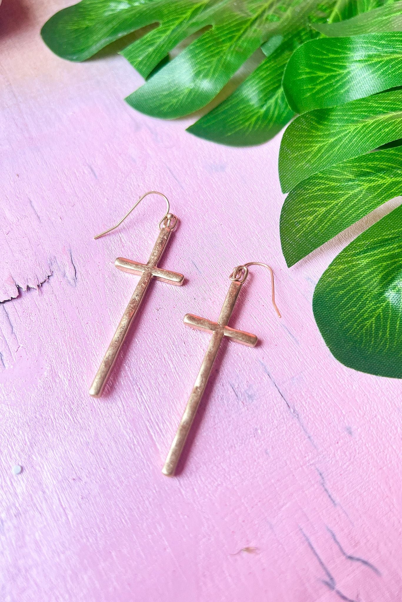 Load image into Gallery viewer, Gold Hammered Metal Cross Dangle Earrings, accessories, earrings, shop style your senses by mallory fitzsimmons
