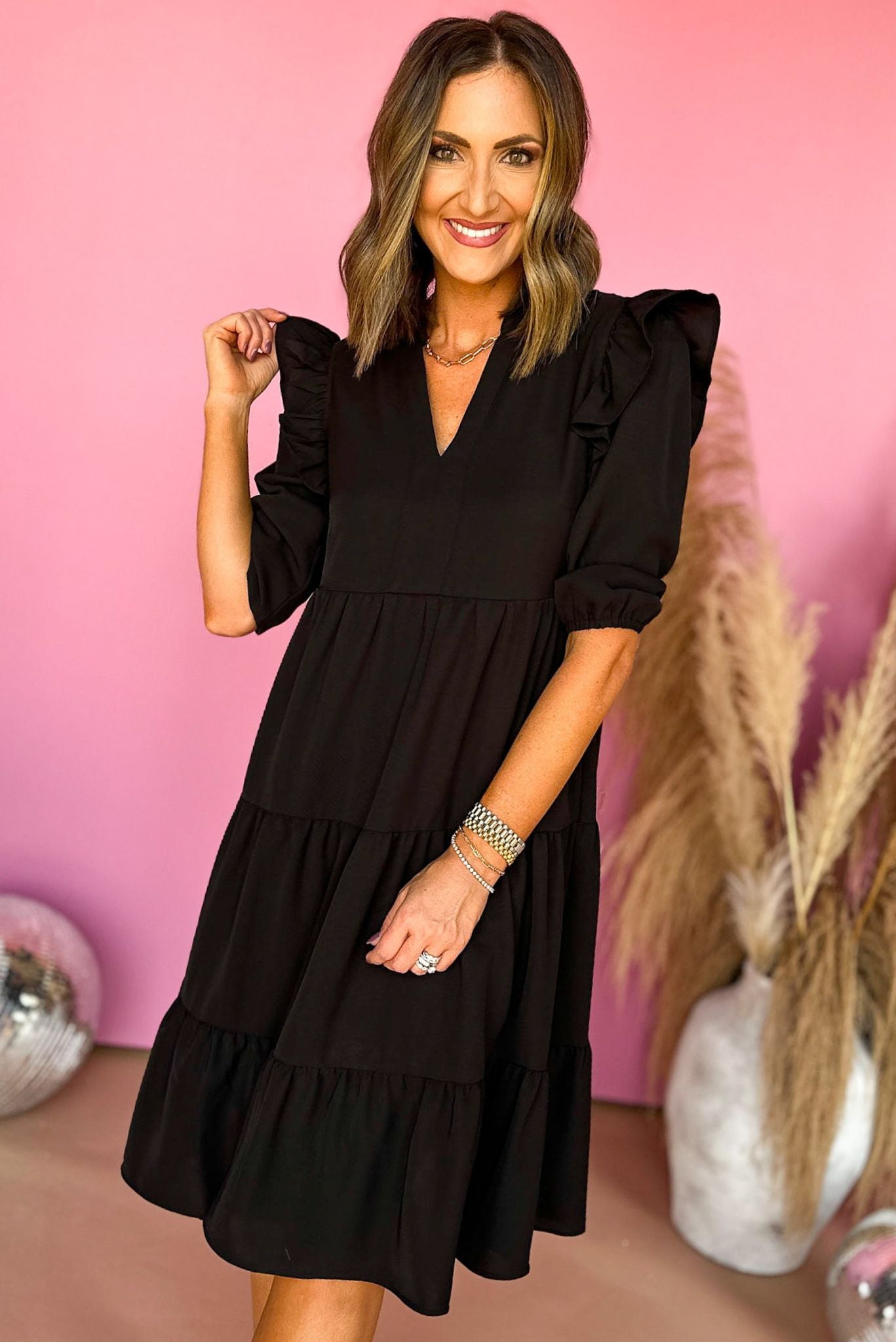 Load image into Gallery viewer, SSYS The Morgan Dress In Black, ssys the label,elevated dress, elevated style, mom style, must have dress, must have style, church style, fall dress, fall style, shop style your senses by mallory fitzsimmons
