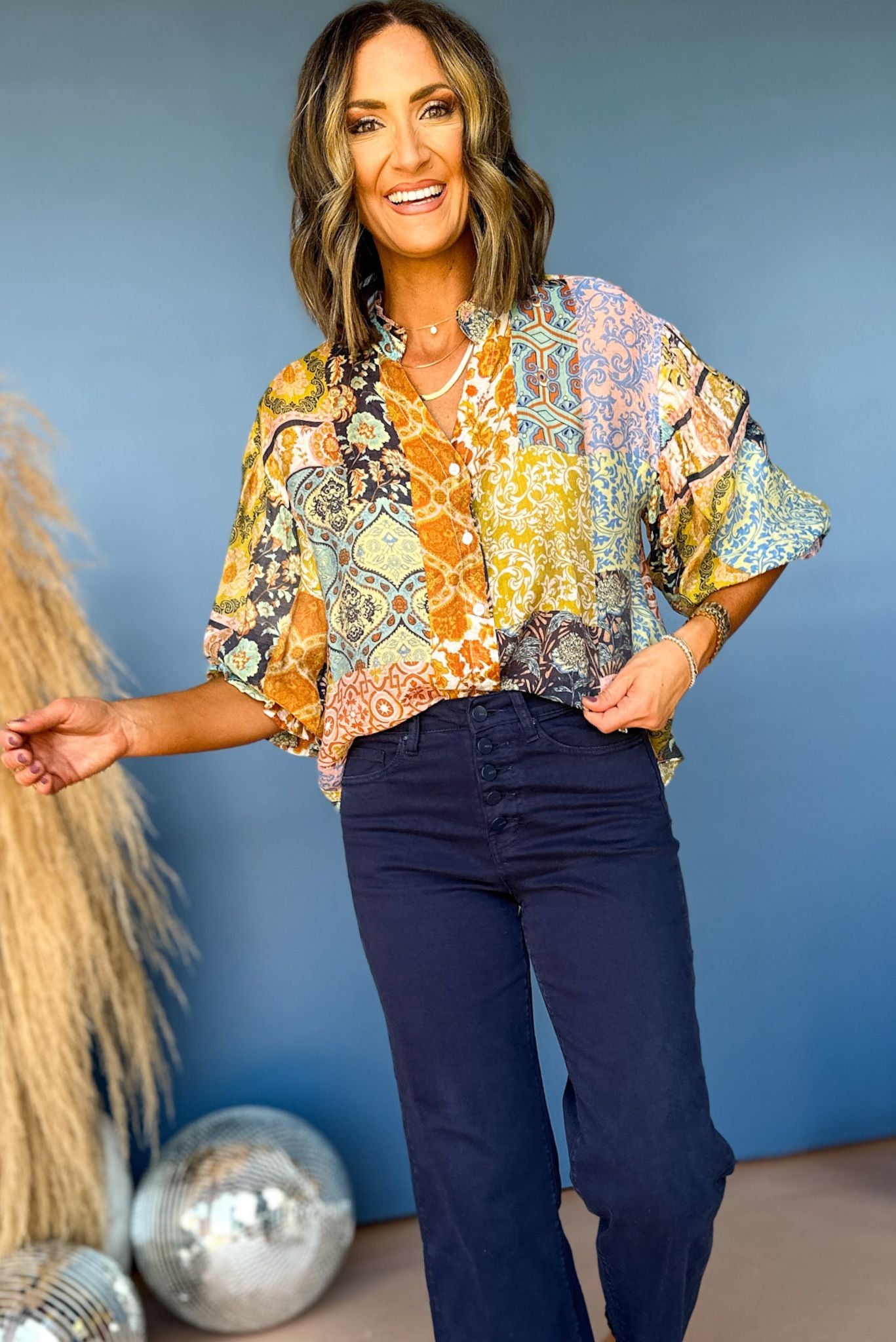 Multi Patchwork Print Bubble Sleeve Top, elevated top, must have top, mom style, elevated style, fall top, must have fall, must have print, shop style your senses by mallory fitzsimmons