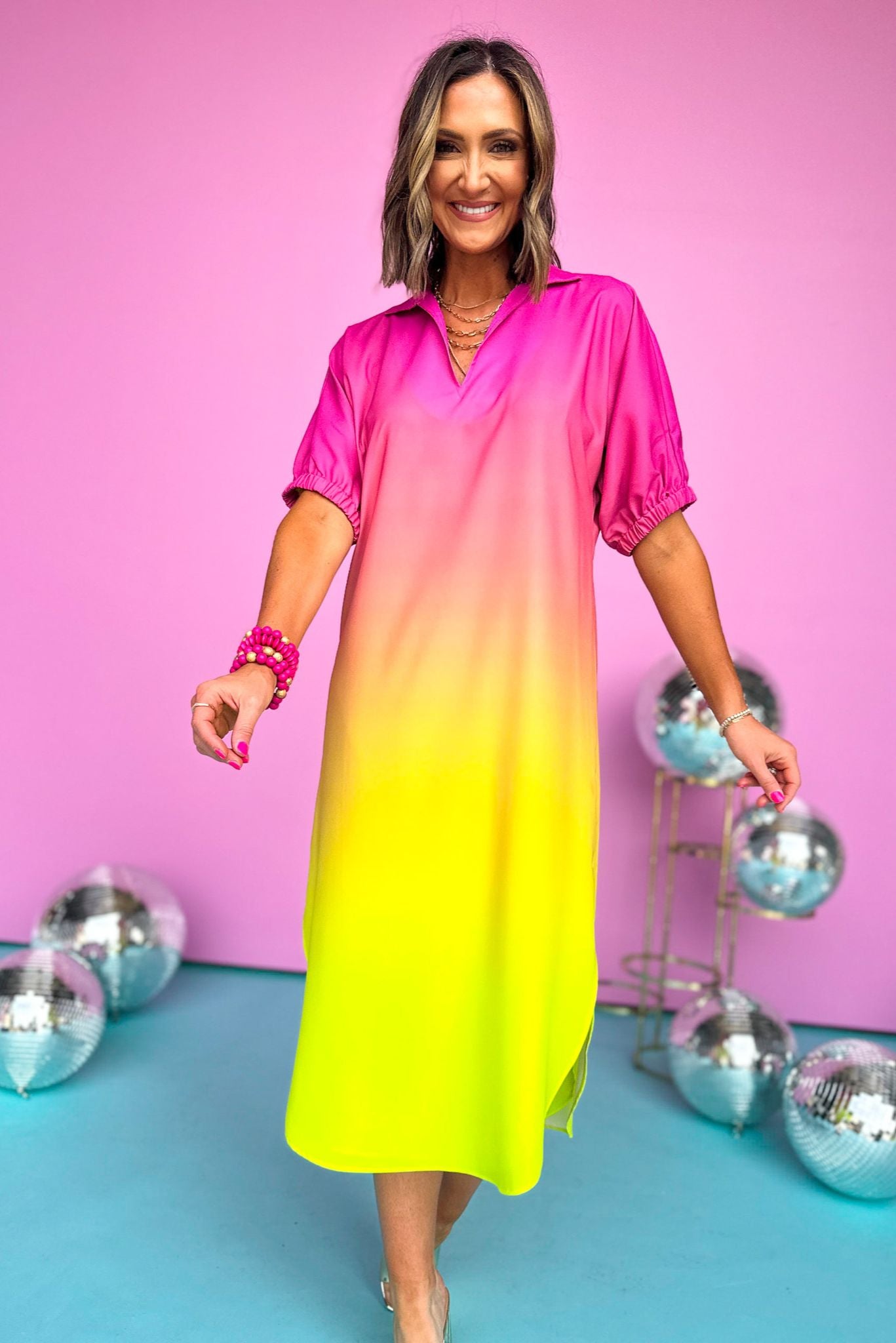 Load image into Gallery viewer, emily mccarthy pink multi split neck caftan, unique piece, ombre, elevated quality, summer style, bright colors, shop style your senses by mallory fitzsimmons
