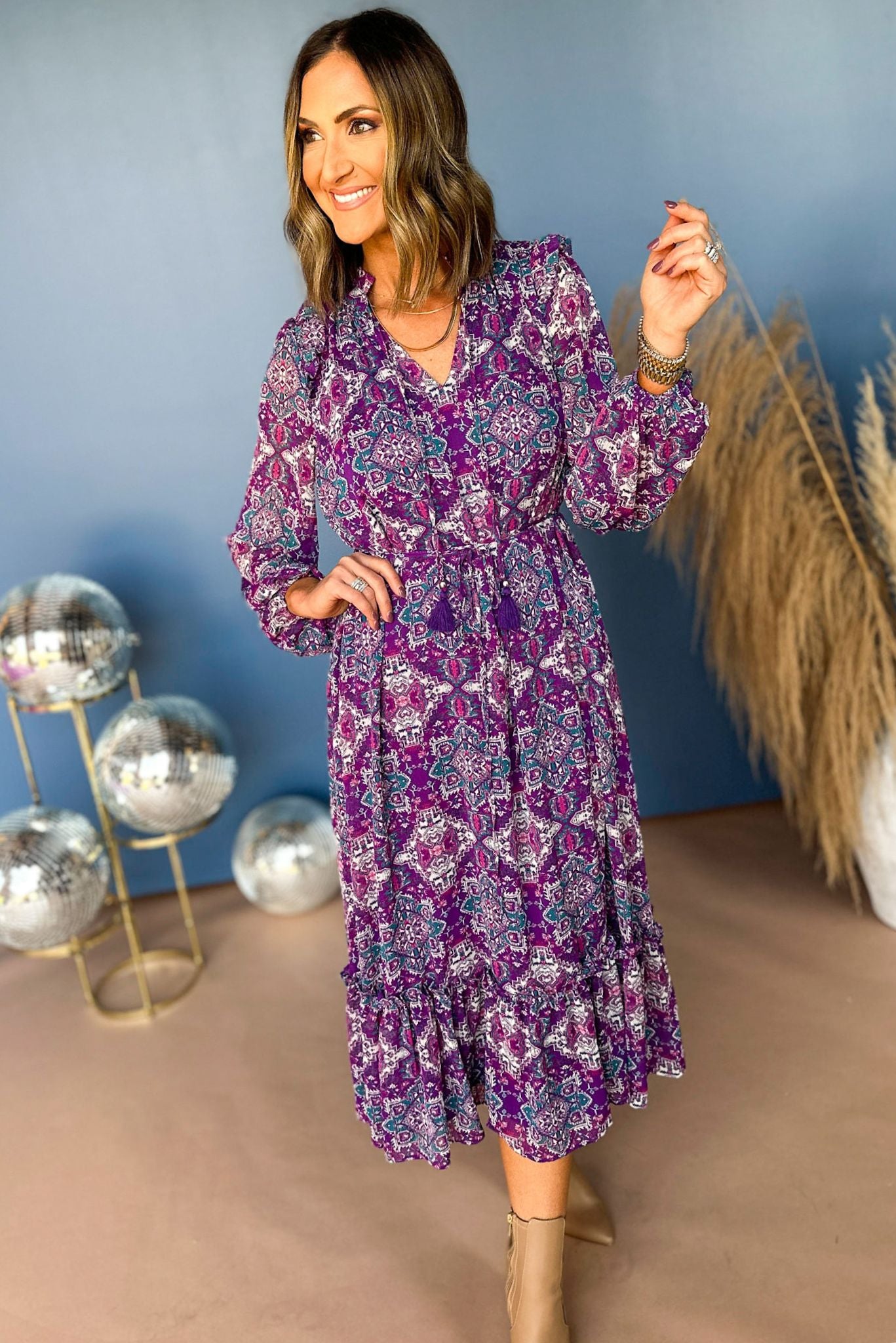 Purple Abstract Printed Tie Waist Flutter Long Sleeve Midi Dress, must have dress, must have print, elevated style, mom style, fall style, fall dress, fall must have, shop style your senses by mallory fitzsimmons