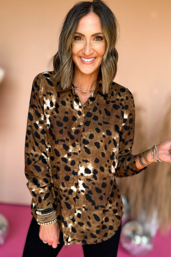 Brown Animal Printed Long Sleeve Top, elevated style, elevated top, button down top, animal printed top, printed top, mom style, office style, fall fashion, fall top, shop style your senses by mallory fiztsimmons
