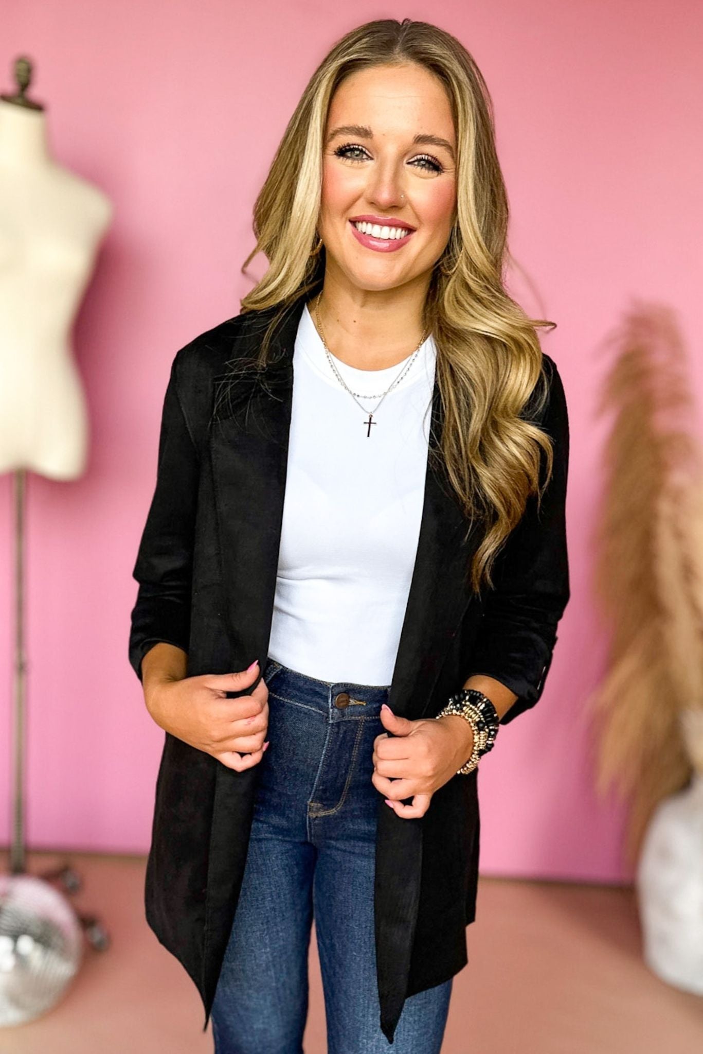 Black Faux Suede Lapel Detail Jacket, elevated style, elevated look, must have jacket, must have style, must have fall, fall style, fall jacket, mom style, office style, shop style your senses by mallory fitzsimmons