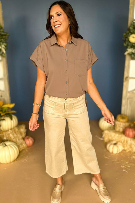Brown Button Front Short Sleeve Top, must have top, must have style, must have fall, fall collection, fall fashion, elevated style, elevated top, mom style, fall style, shop style your senses by mallory fitzsimmons