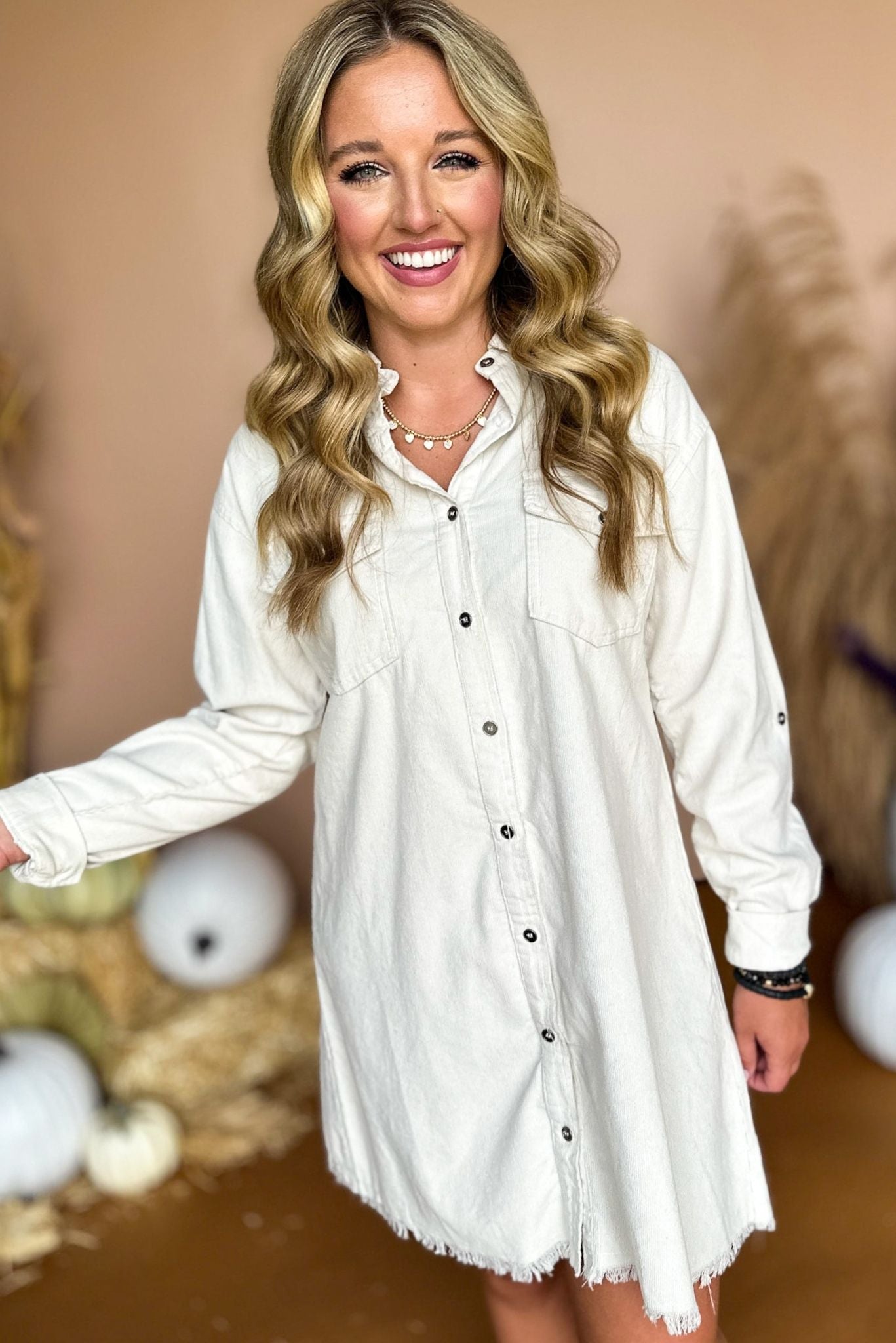 Cream Button Front Roll Tab Shirt Dress, must have dress, must have style, fall style, fall fashion, elevated style, elevated dress, mom style, fall collection, fall dress, shop style your senses by mallory fitzsimmons