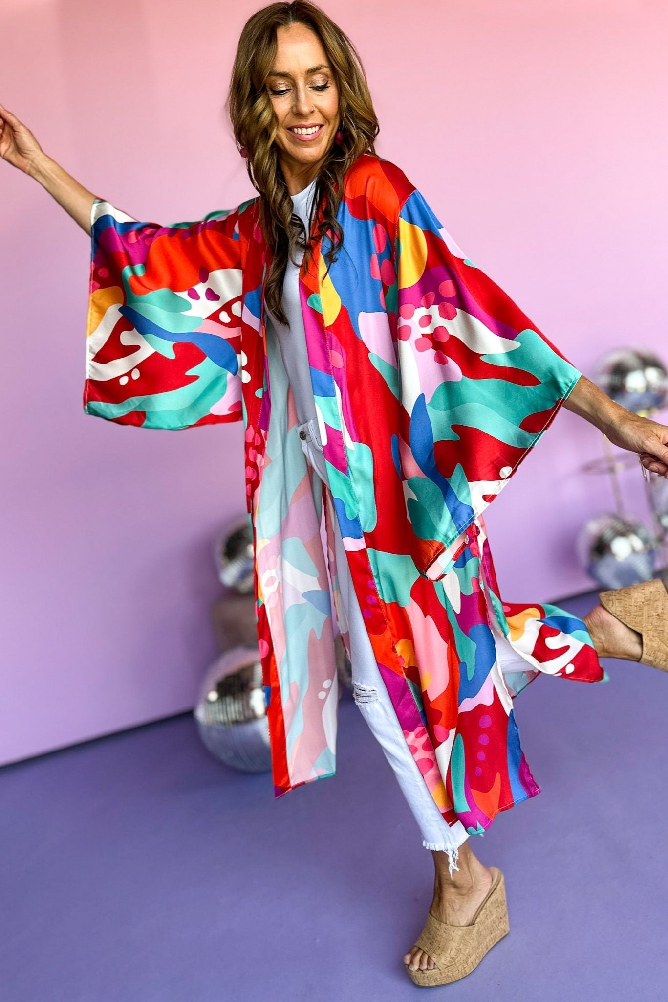 Red Abstract Printed Satin Square Sleeve Midi Kimono, trendy style, summer kimono, elevated style, shop style your senses by mallory fitzsimmons