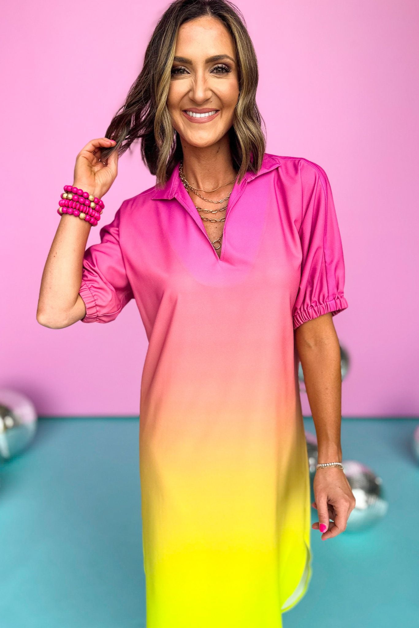 Load image into Gallery viewer, emily mccarthy pink multi split neck caftan, unique piece, ombre, elevated quality, summer style, bright colors, shop style your senses by mallory fitzsimmons
