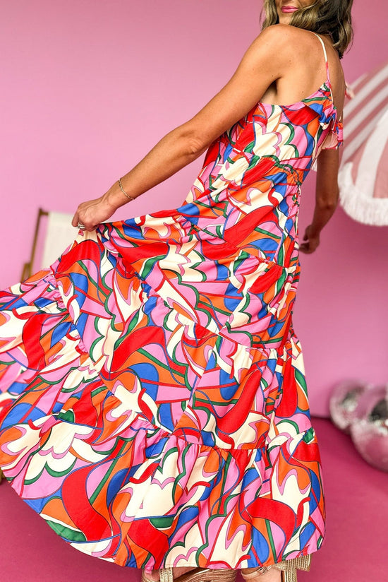 Load image into Gallery viewer, Pink Multi Shoulder Tie Tiered Midi Dress, seaside summer, seaside suitcase, new arrival, summer dress, beach look, tiered dress, shop style your senses by mallory fitzsimmons
