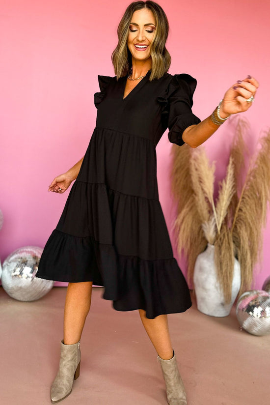 Load image into Gallery viewer, SSYS The Morgan Dress In Black, ssys the label,elevated dress, elevated style, mom style, must have dress, must have style, church style, fall dress, fall style, shop style your senses by mallory fitzsimmons
