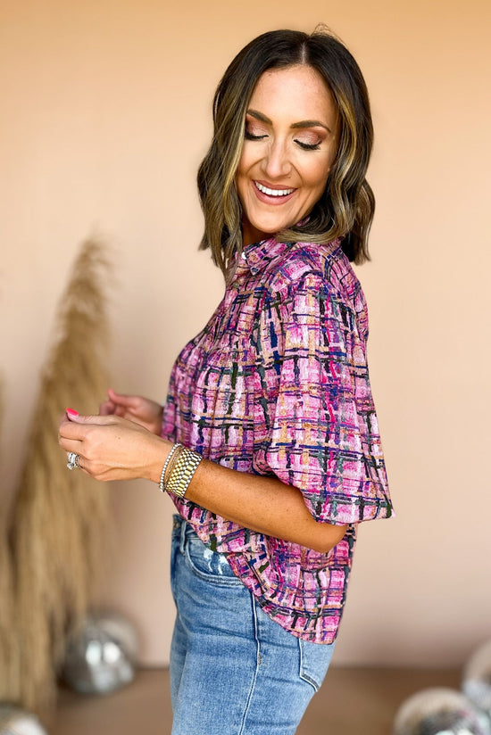 Load image into Gallery viewer, Pink Multi Plaid Printed Button Front Collared Top, printed top, transition piece, fall style, fall shirt, mom style, elevated style, shop style your senses by mallory fitzsimmons
