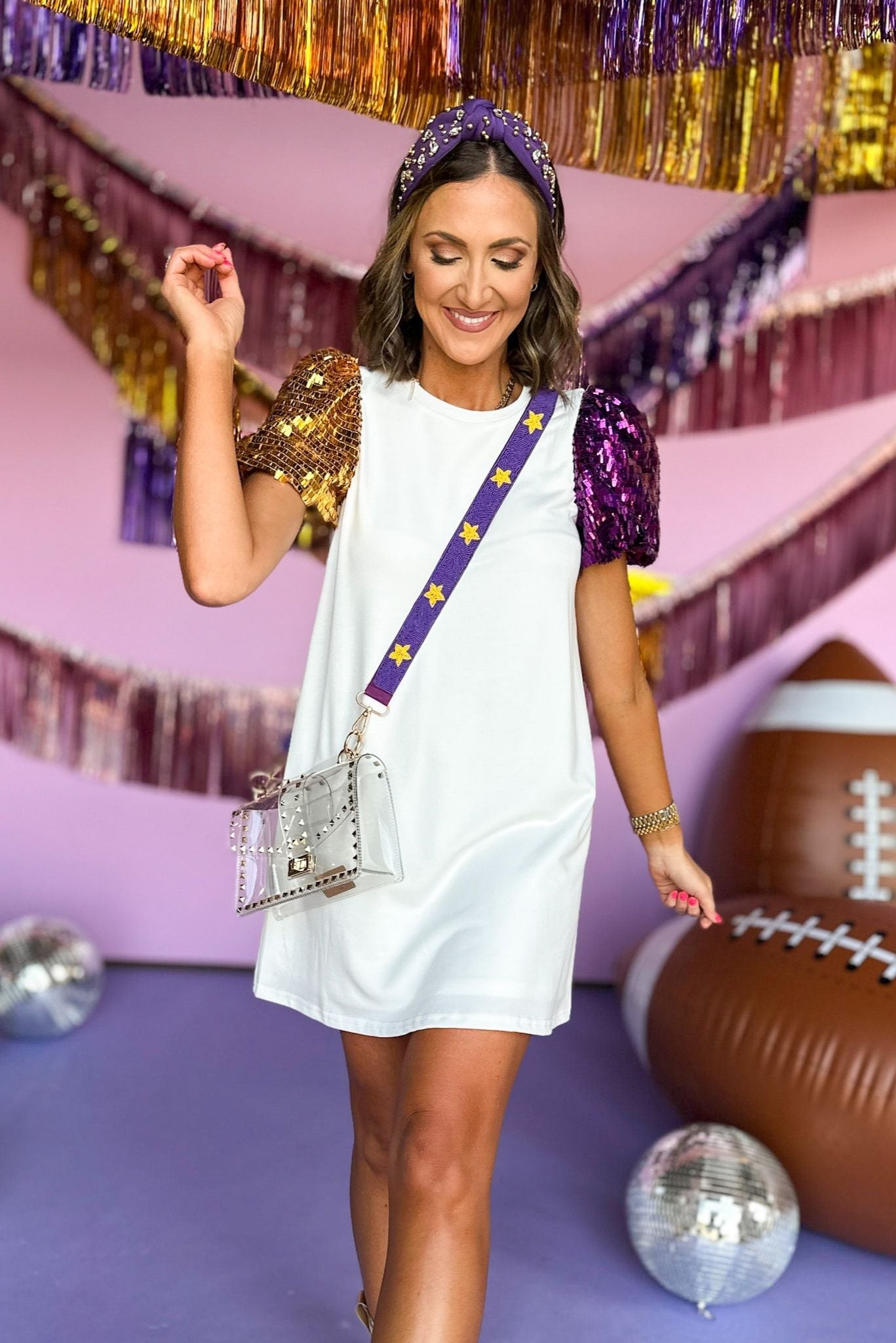 Purple Gold Sequin Puff Sleeve Shift Dress, game day style, game day dress, lsu style, elevated style, mom style, shop style your senses by mallory fitzsimmons