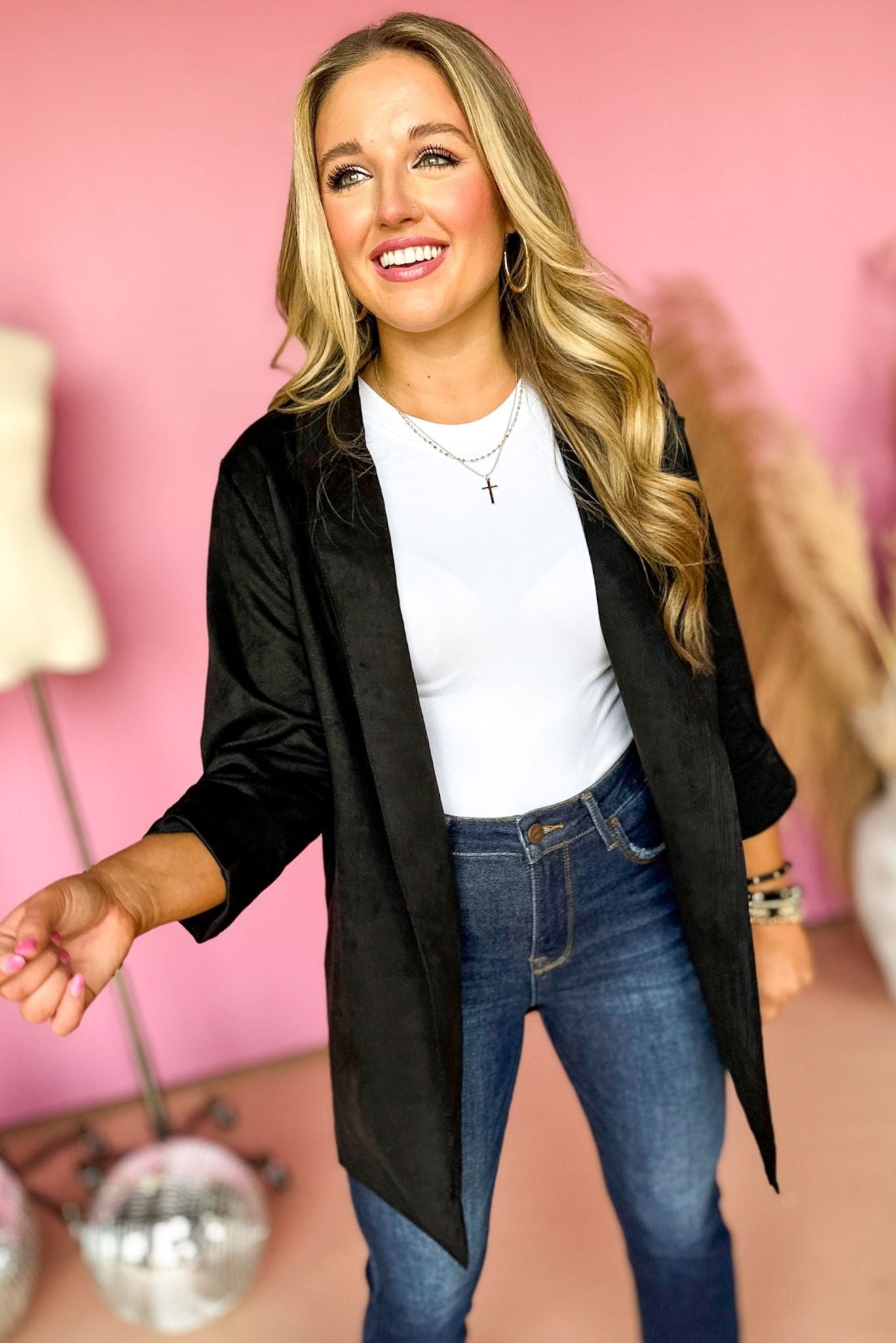 Load image into Gallery viewer, Black Faux Suede Lapel Detail Jacket, elevated style, elevated look, must have jacket, must have style, must have fall, fall style, fall jacket, mom style, office style, shop style your senses by mallory fitzsimmons
