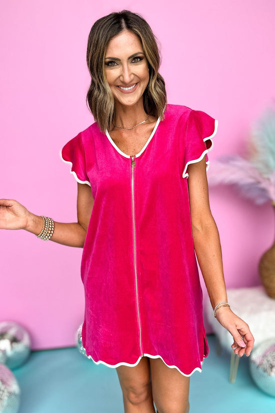 SSYS Hot Pink Get Ready Robe™, scallop sleeve, ruffle sleeve, everyday wear, gold zipper, mom style, white trim, robe, shop style your senses by mallory fitzsimmons