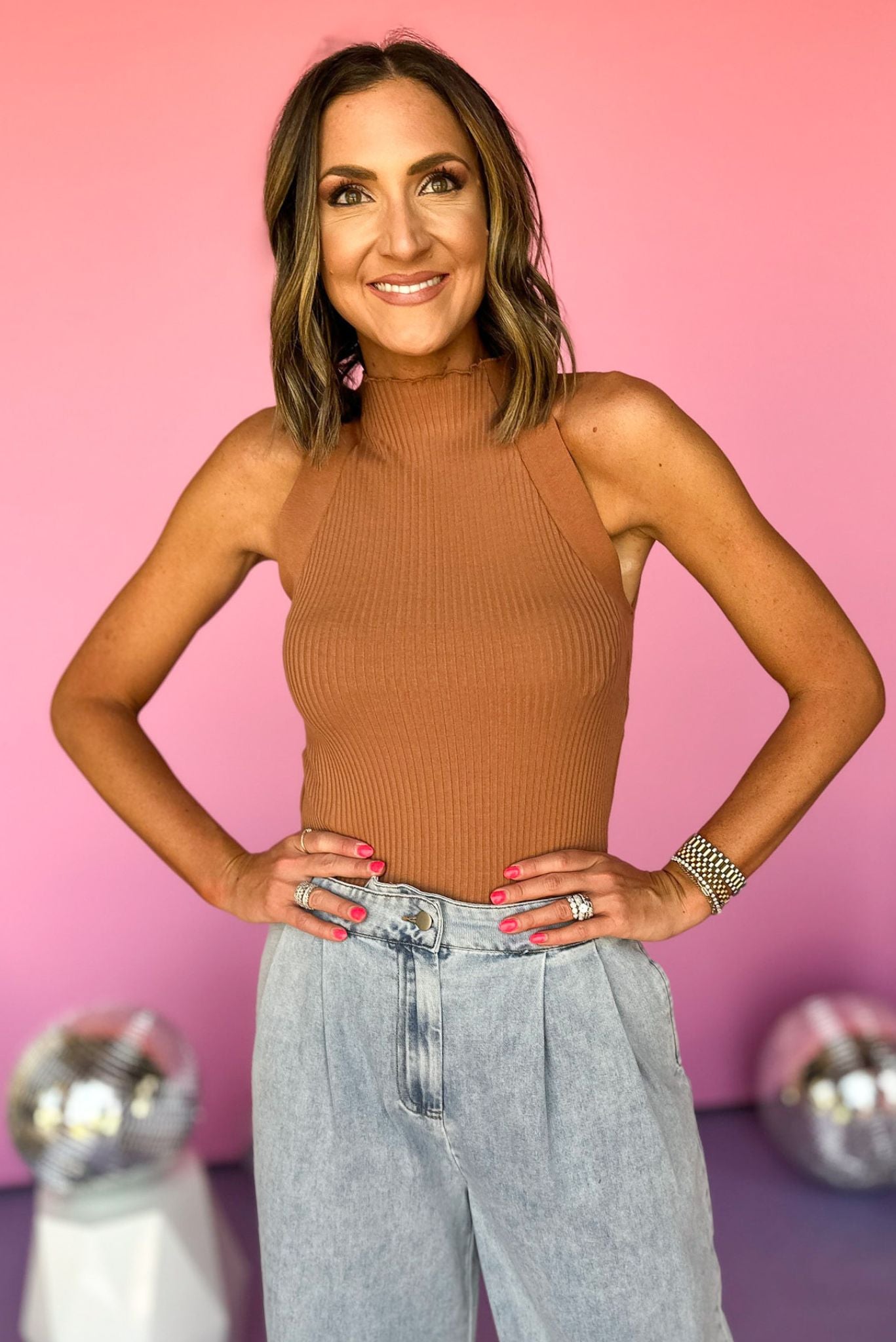 Load image into Gallery viewer,  Camel Ribbed Mock Neck Sleeveless Top, summer top, fall top, summer to fall top, transitional top, elevated style, mom style, must have top, must have basic, shop style your senses by mallory fitzsimmons
