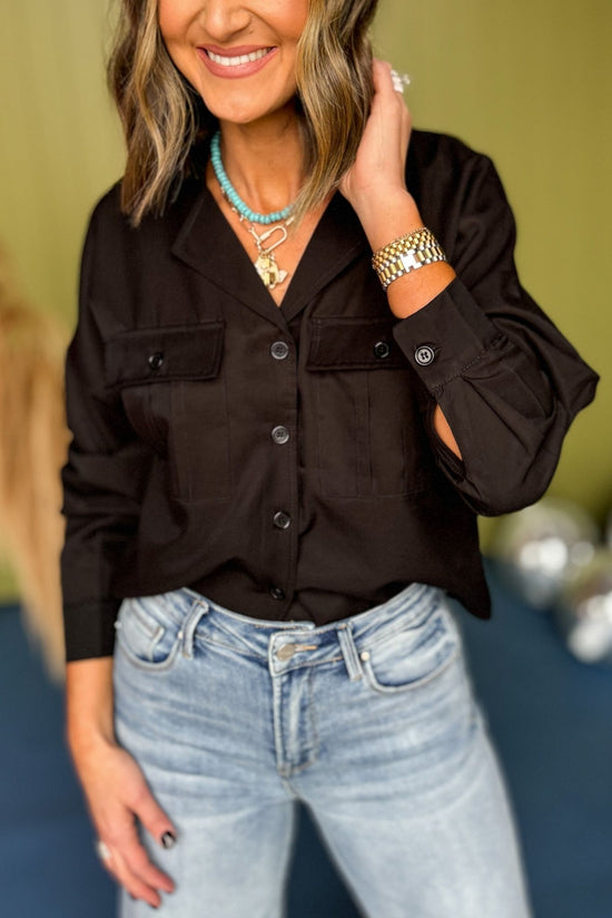 Black Cargo Button Front Pocket Detail Top, must have top, must have style, fall style, fall fashion, elevated style, elevated top, mom style, fall collection, fall dress, shop style your senses by mallory fitzsimmons