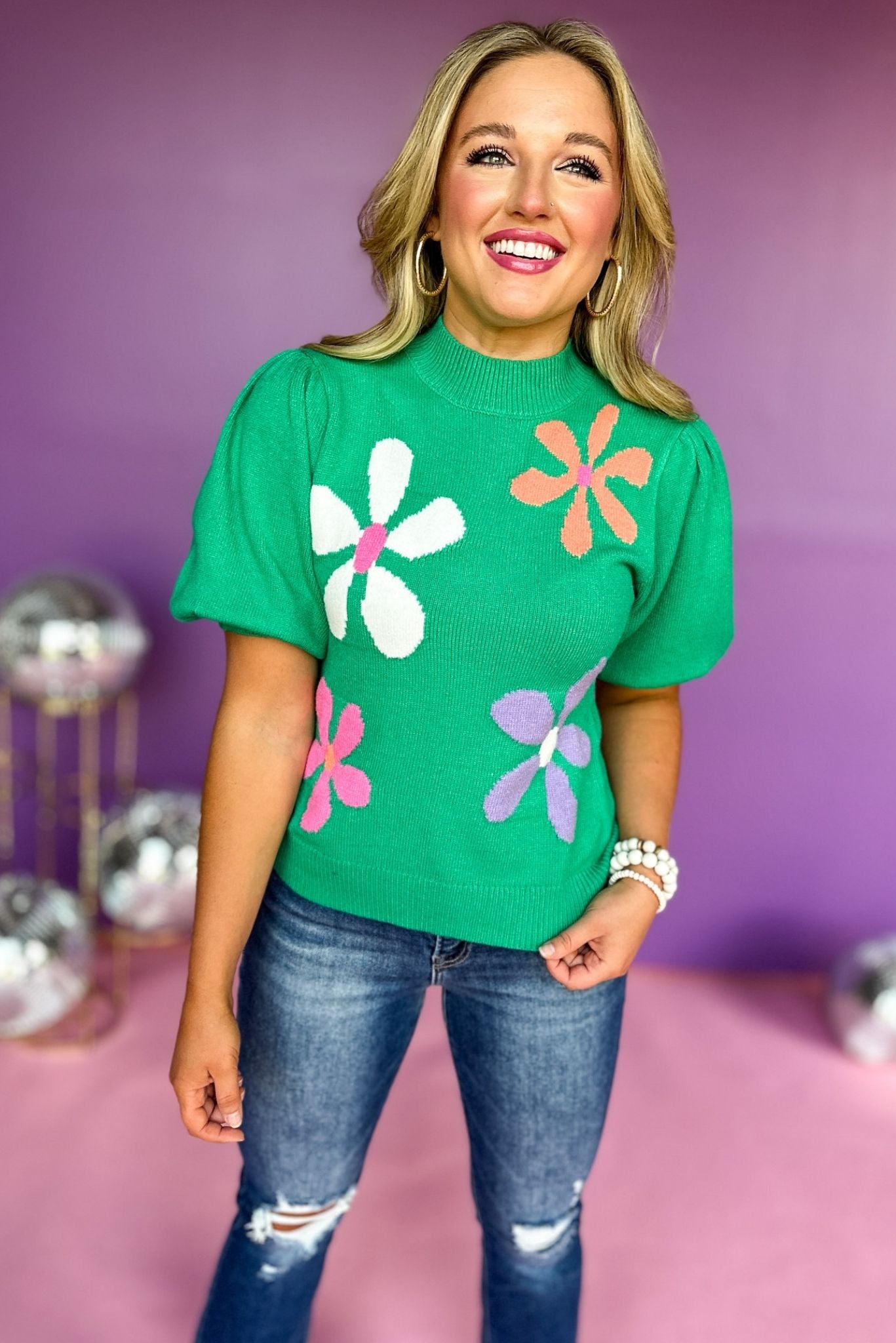 Load image into Gallery viewer, THML Green Floral Printed Short Sleeve Knit Top, elevated top, must have top, must have print, must have design, fun mom top, fun mom style, elevated top, fall style, fall sweater, must have sweater, shop style your senses by mallory fitzsimmons
