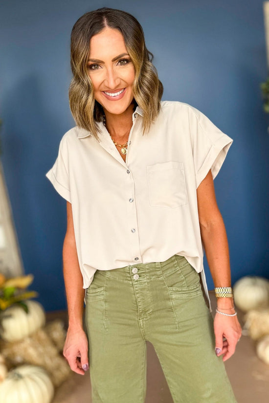 Load image into Gallery viewer, Cream Button Front Short Sleeve Top, must have top, must have style, must have fall, fall collection, fall fashion, elevated style, elevated top, mom style, fall style, shop style your senses by mallory fitzsimmons
