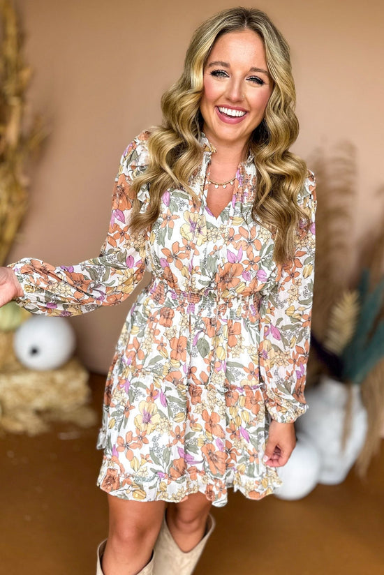 Load image into Gallery viewer, Orange Floral Printed Swiss Dot Tiered Dress, must have dress, must have style, fall style, fall fashion, elevated style, elevated dress, mom style, fall collection, fall dress, shop style your senses by mallory fitzsimmons
