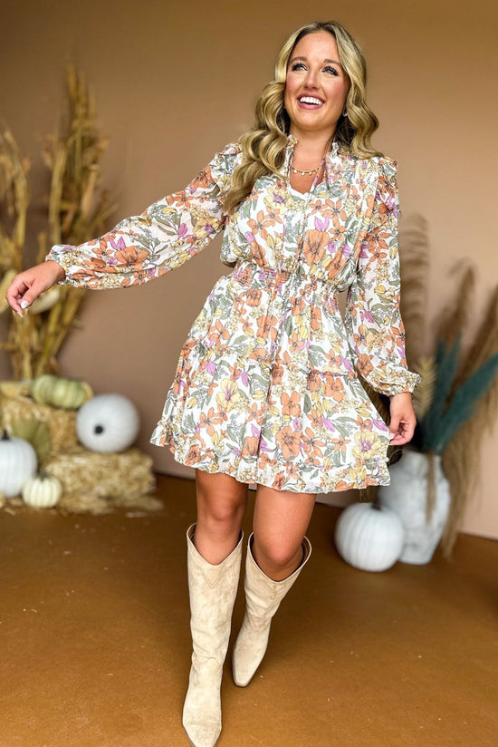 Orange Floral Printed Swiss Dot Tiered Dress, must have dress, must have style, fall style, fall fashion, elevated style, elevated dress, mom style, fall collection, fall dress, shop style your senses by mallory fitzsimmons