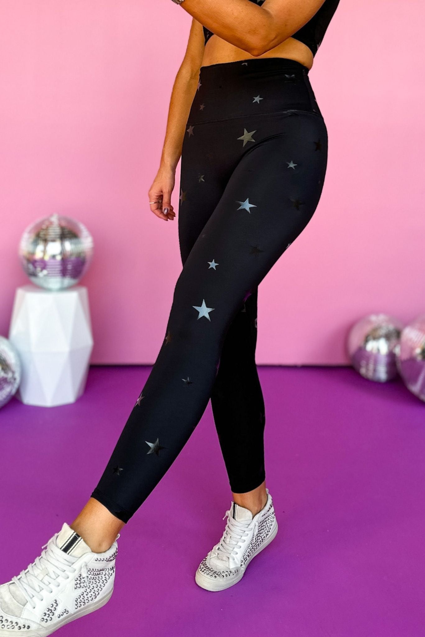 Load image into Gallery viewer,  SSYS Incognito Black Metallic Star Leggings, elevated leggings, elevated style, elevated athleisure, must have leggings, must have style, mom style, athletic style, shop style your senses by mallory fitzsimmons
