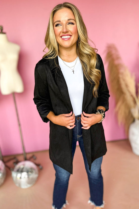 Load image into Gallery viewer, Black Faux Suede Lapel Detail Jacket, elevated style, elevated look, must have jacket, must have style, must have fall, fall style, fall jacket, mom style, office style, shop style your senses by mallory fitzsimmons
