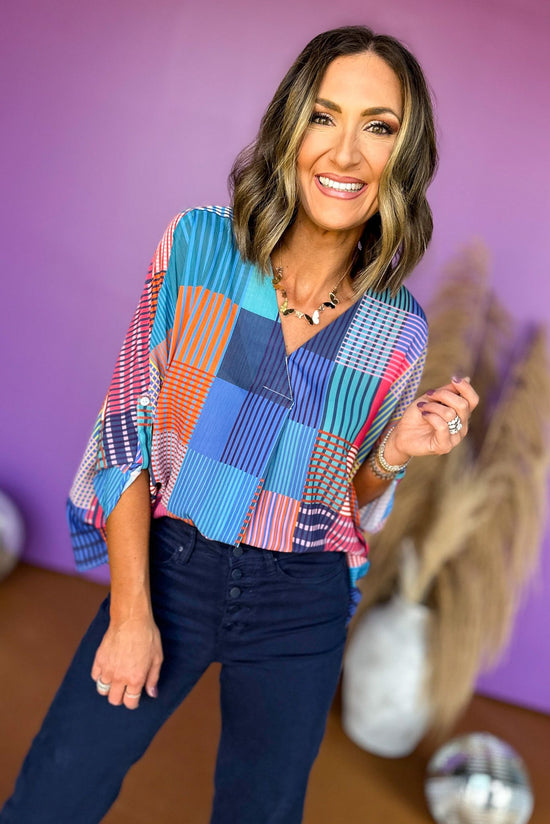 Load image into Gallery viewer, Orange Mixed Printed 3/4 Sleeve V Neck Top, elevated top, summer to fall top, summer to fall style, transitional fashion, mom style, fall style, must have top, must have fall, shop style your senses by mallory fitzsimmons
