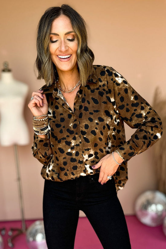 Brown Animal Printed Long Sleeve Top, elevated style, elevated top, button down top, animal printed top, printed top, mom style, office style, fall fashion, fall top, shop style your senses by mallory fiztsimmons