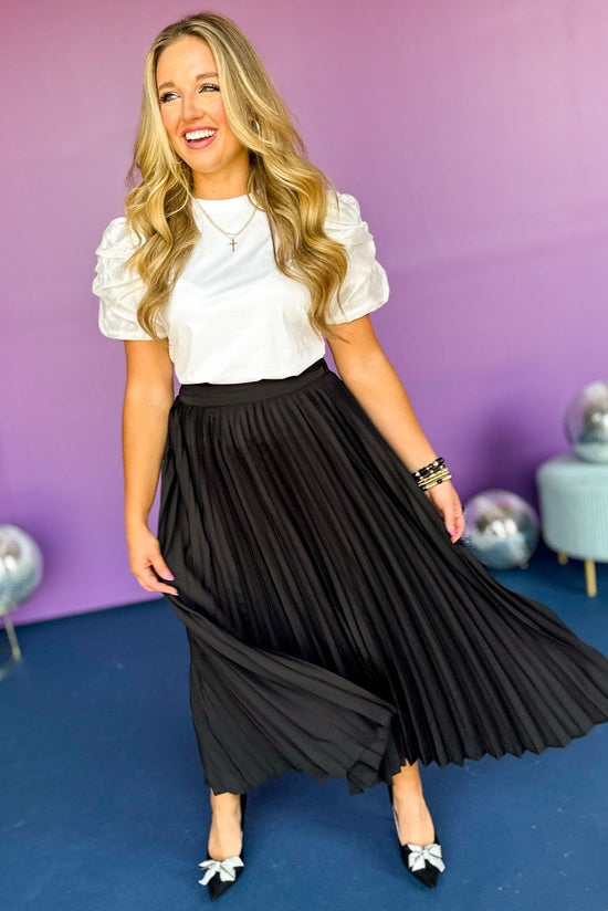  Black Pleated Pull On Midi Skirt, must have skirt, must have style, must have pleats, elevated look, elevated style, mom style, elevated skirt, fall skirt, shop style your senses by mallory fitzsimmons