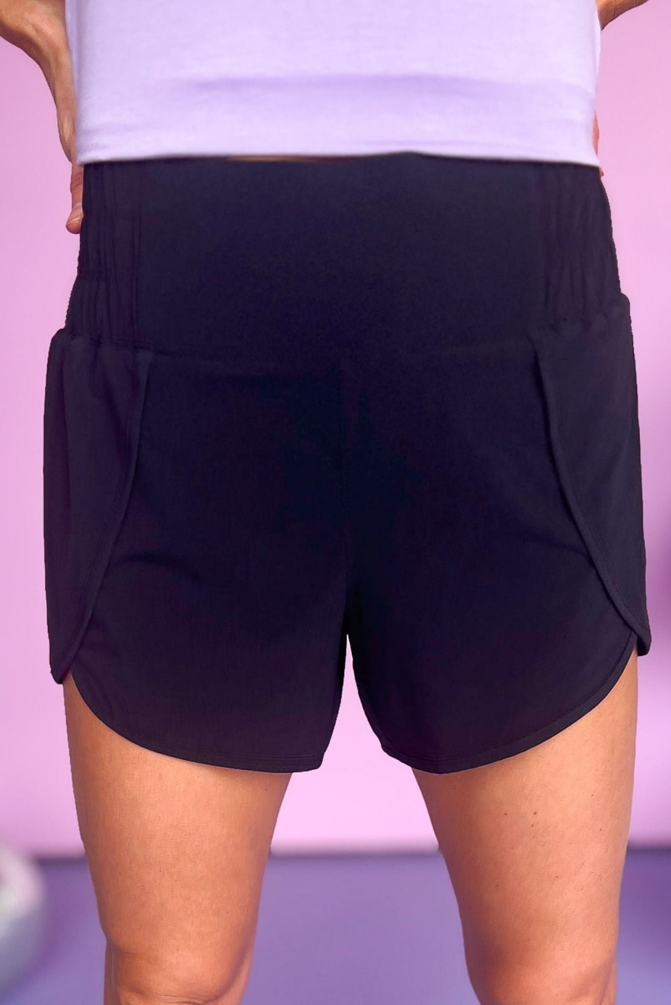 Black Ruched Waistband Split Athleisure Shorts, ruched waistband, shorts, work out, athleisure, lounge wear, running shorts, mom style, shop style your senses by mallory fitzsimmons